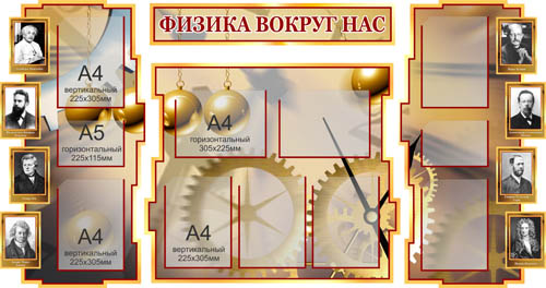 Стенд Физика вокруг нас 170х100 см (8 карманов А4 + 2 кармана А5)